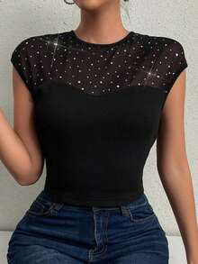 Camiseta De Malla Transparente Con Cuello De Corte Ajustado Para Mujer - Negro - Ver 4