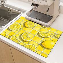 1pc Lemon Print Absorbent Mat/Drying Mat For Coffee Maker, Dishes - Polyester Absorbent Desktop Protective Mat With Rubber Anti-Slip Pad, For Kitchen Counter Decor, Home Bar And Dining Table - Multicolor - View 2