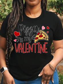 Women's Short Sleeve T-Shirt, Two-Tone Black And White T-Shirt For Ladies, Fun Graphic T-Shirt "Pizza My Valentine" For Women, Heart And Pizza Print, Loose Fit, Casual Top, T-Shirt For Valentine's Day, For Home, Outdoor Activities, Valentine's Day Gift. - 黑色 - 查看 4