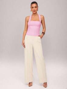 Camiseta de mujer de unicolor con cuello de halter ajustado - Rosa Pálido - Ver 5
