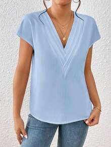 Blusa de mangas de murciélago sólidas, cuello en V, blusas de manga corta - Celeste - Ver 6