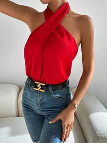 Top halter unicolor cruzado delantero de espalda abierta - Rojo - Ver 6