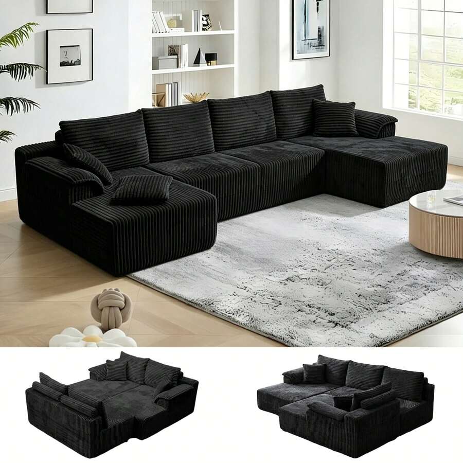 132 Inch Boneless Couches For Living Room,Plush Corduroy,Modern Modular Sectional Sofa With Double Chaise Lounge, U-Shape Cloud Sectional Couch, No Assembly Required, DIY Combination - màu đen - Xem 1