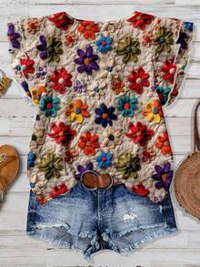 Blusa de mujer de cuello redondo y manga corta con estampado floral casual, adecuada para primavera/verano - Multicolor - Ver 2