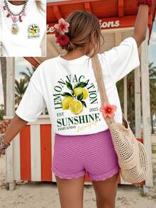 Women's Casual Summer Top, Fresh And Stylish, Featuring Lemon Pattern And Letter Print, And Comfortable Summer T Shirts.Summer Tops - 白色 - 查看 8