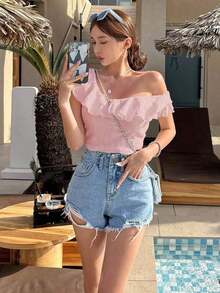 Camiseta de mujer con cuello asimétrico, volantes, calado y bordado, para verano, top corto para mujer de vacaciones - Rosa - Ver 4