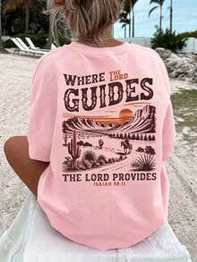 Women's Crew Neck T-Shirt, Comfortable, Colorful With Western Christian Print, Casual Short Sleeve Vacation Blouse, Women's Clothing - Women's Vacation Sets - 粉色 - 查看 6