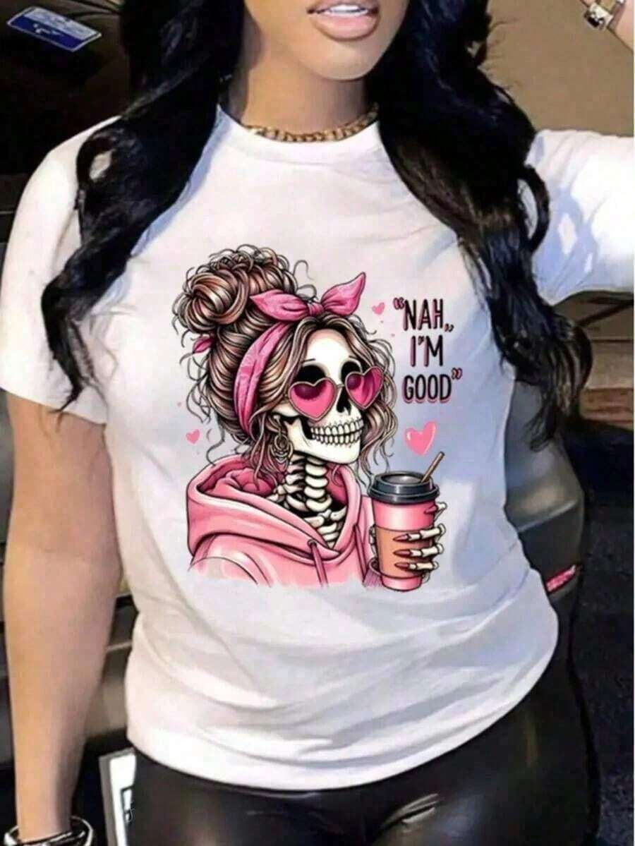 Camiseta de manga corta para mujer, nueva colección primavera-verano 2026, con diseño estampado, versátil para uso diario, adecuada para ocasiones de oficina y casuales. Cada pieza está empaquetada individualmente. - Blanco - Ver 1