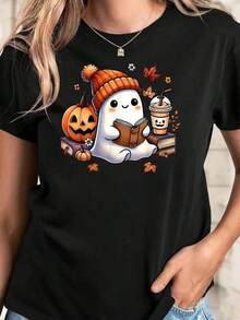 New 2026 Camiseta de Halloween y Boos con estampado Tletter, manga corta cuello redondo casual para verano & primavera, Ropa mujer Mujer casual estampado fantasma otoñal con calabaza y café ajuste regular cuello redondo manga corta otoño calle camiseta - Negro - Ver 6