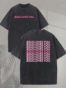 Summer T-Shirts 2026 - Thick Cotton T-Shirt With Religious Print 'Jesus Loves You', Pink-Green Background With Pink Letters, Double-Sided Print - Christian Clothing, Crew Neck T-Shirt, Suitable For Church, Casual Wear Or As A Gift - Summer Clothing - 黑色 - 查看 9