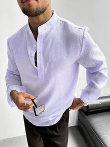 GloMan 男士半開襟立領亞麻長袖襯衫，輕盈透氣寬鬆休閒風，適合夏季度假、派對、辦公室日常穿著，男士禮物 - 紫色 - 查看 1