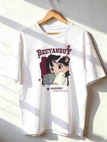 Anime Girl And Gray Kitten T-Shirt, Fashionable Short-Sleeve T-Shirt For Spring/Summer 2026, Made In Mexico, 180 Grams. Cartoon Print, Couple Design, Suitable For Indoor Or Outdoor Wear. Crew Neck, Unisex, Ideal For Office And Leisure. One-Pack. - WH-P631577SLNDXZGY570 - 查看 1