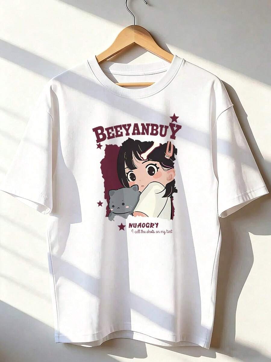 Anime Girl And Gray Kitten T-Shirt, Fashionable Short-Sleeve T-Shirt For Spring/Summer 2026, Made In Mexico, 180 Grams. Cartoon Print, Couple Design, Suitable For Indoor Or Outdoor Wear. Crew Neck, Unisex, Ideal For Office And Leisure. One-Pack. - WH-P631577SLNDXZGY570 - 查看 1