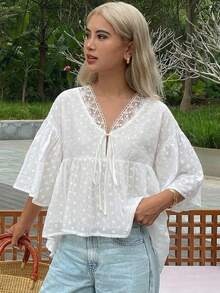 Blusa holgada de unicolor con mangas acampanadas, top de verano para mujeres - Blanco - Ver 3