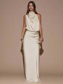 Vestido asimétrico sin mangas de color crema y amarillo, vestido de noche minimalista y sexy para fiesta, cóctel, boda, cumpleaños, vestido largo de satén - Albaricoque - Ver 3