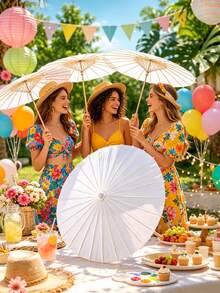 1pc Elegant White Wedding Umbrella With Hand-Painted Details And Natural Wooden Handle. Sophisticated, Fashionable And Practical, Ideal For Wedding Decor, Bridal Photography And Party Props. - Multicolor - View 7