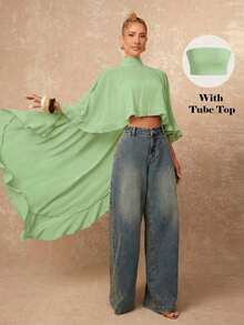 Nueva llegada Blusa elegante de mujer de alta gama con cuello suelto, bajo asimétrico con volantes, parte delantera corta y parte trasera larga - Verde - Ver 1