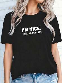 Sudadera Casual de Cuello Redondo para Mujer con Estampado "I'm Nice-1Pure-Cotton" - Negro - Ver 4