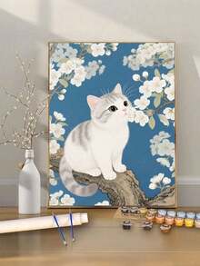 40x50cm/16x20in 白色貓咪與櫻花 DIY 數位油畫 手作手工藝 家居裝飾 節日禮物 - 40*50厘米 - 查看 1