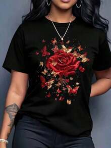 Women's Basic Graphic Print T-Shirt, Short Sleeve, Crew Neck, Pink Roses, Flower, Floral, 3D, Leaves, Nature, Butterfly, Y2K Aesthetic, Regular Fit, Casual, Comfortable, Cool, Lightweight, Soft, Modern, Youthful, Romantic, Bohemian, For Home, Everyday, Day, Beach, Spring, Summer, Rocker-Vintage Street Style, Unisex Cotton Short Sleeve Crew Neck T-Shirt - 黑色 - 查看 6