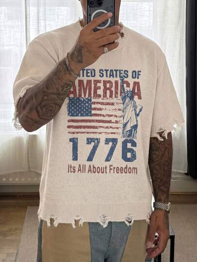  ANDREILEE Men's Casual Crew Neck Knit Sweater With Distressed Fringe, Statue Of Liberty & American Flag Graphic, Versatile For Daily Wear And Outdoor Street Style, Apricot