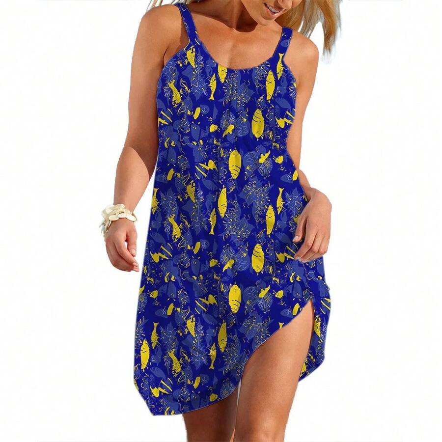 Women's Flared Dress, Casual Wear With Creative Fish Fossil Graphic, Loose-Fitting Everyday Wear, Streetwear, Soft Dresses For Women - 紅色 - 查看 1
