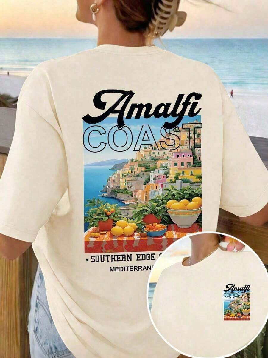 2026 Summer New Arrival Women's Graphic Tee,Women's Summer New Lemon Shell Fish Lobster Print Casual Vacation Loose Versatile Round Neck Beige Short Sleeve T-Shirt, Fashionable For Daily Wear,Tops Women Summer,4th Of July Outfit Women,Camiseta Para Mujer Blusas Para Mujer Camisa - Albaricoque 3 - Ver 1