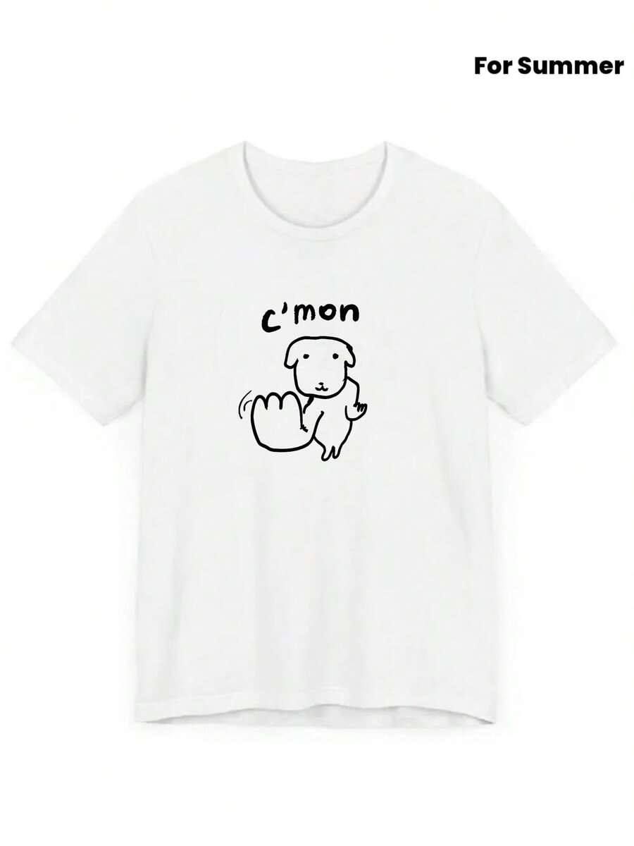 Primavera/Verano 2026, Nueva Camiseta de Manga Corta para Mujer con Divertido Estampado de Cachorro de Dibujos Animados, Ropa Casual Simple para Uso Diario MP5U - Blanco - Ver 1