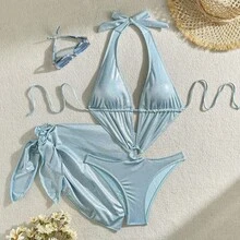 Nuevo traje de baño de dos piezas de colores brillantes con diseño calado. - azul claro - Ver 8
