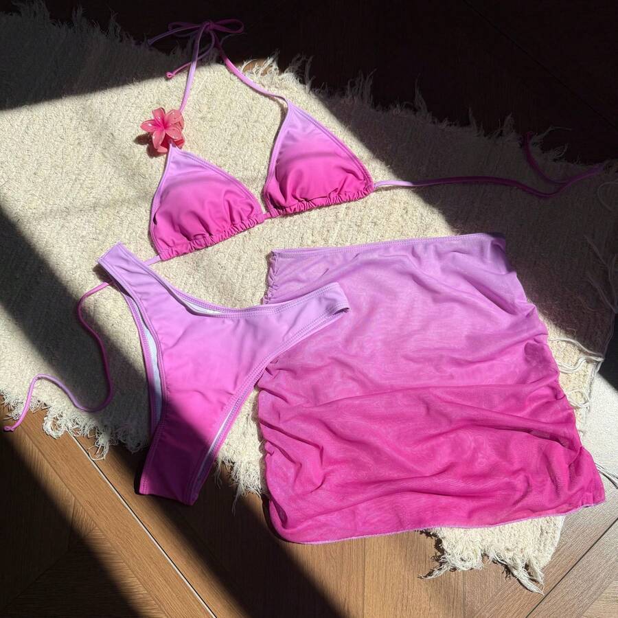 Nuevo en stock: Traje de baño sexy de tres piezas con degradado para mujer, bikini. - Conjunto de tres piezas rosa 9337 - Ver 1
