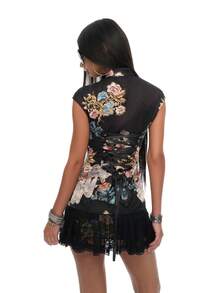 Cheongsam Style Dress With Koi Print, Modern Chinese Design, Lace Hem, Fitted Cut - Black - View 6