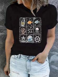 Women's Summer T-Shirt, Short Sleeve And Printed, Modern And Casual, Machine Washable, Comfortable Fit, 2D Flat Print. - Black_03 - 查看 12