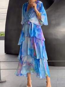 Long Printed Dress With Layers, Elegant Fitted Fashion Style Ideal For Holidays - 藍色 - 查看 5