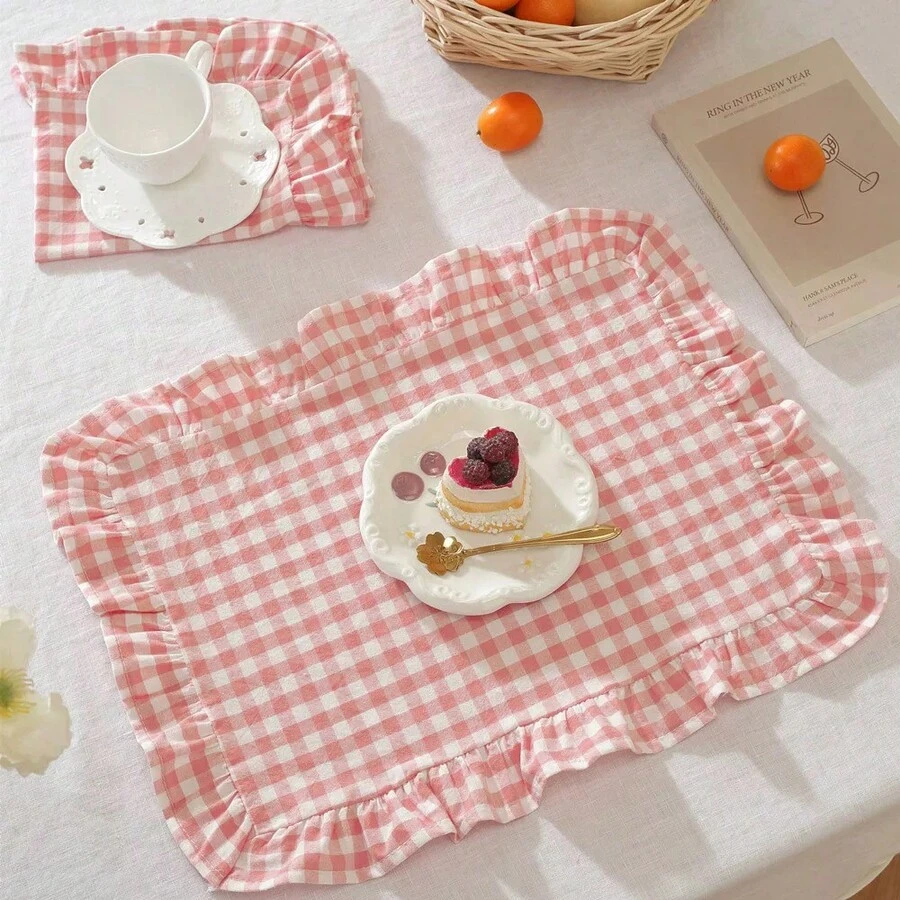 1pc/2pcs/6pcs Korean Style Plaid Placemats, Sweet Princess Candy Color Plaid Tablecloth With Ruffle Edge, Cute Food Plate Insulation Pad - Multicolor - View 1