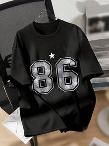 Camiseta de hombros caídos con estampado digital, top casual de manga corta y cuello redondo, adecuada para primavera y verano, ropa de mujer, blusas para mujer, tops, blusas, camisas. - Negro - Ver 6
