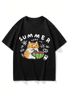 Men's American Style Heavyweight Short Sleeve T-Shirt With A Cat Eating Melon Design, Loose Fit, Plus Size, Fashionable Casual T-Shirt, Versatile Half Sleeve Top - 黑色 - 查看 1