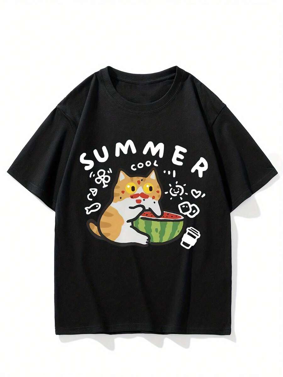 Men's American Style Heavyweight Short Sleeve T-Shirt With A Cat Eating Melon Design, Loose Fit, Plus Size, Fashionable Casual T-Shirt, Versatile Half Sleeve Top - 黑色 - 查看 1