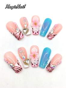 Un conjunto de 10 piezas de uñas de uso puro prensadas a mano, uñas rosas, uñas azules, uñas blancas, líneas pintadas a mano de color café, lunares, flores blancas en relieve tridimensional, decoración de bolas doradas rosa desvanecidas, mariposa tridimensional y pequeña flor 3D, decoración de rhinestone. Pieza de uña linda, adecuada para actividades diarias de ocio, vacaciones, banquetes, fiestas y otros eventos. - Multicolor - Ver 2