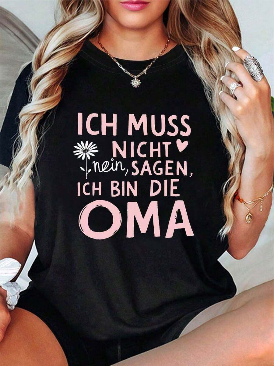 Suave, transpirable y ligera para comodidad durante todo el día, Camiseta de Mujer con Estampado de Letras "ICH MUSS NICHT Nein SAGEN ICH BIN DIE OMA", Top Casual de Manga Corta y Cuello Red - Negro - Ver 1