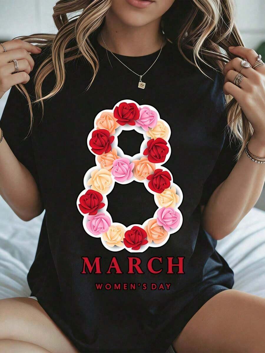 Elegant And Casual Women's Short Sleeve, Women's Day T-Shirt March 8 Roses Print White Casual Wear Spring Summer - 黑色 - 查看 1