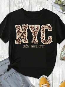 Elegante y casual para mujer, manga corta, camiseta casual para mujer, estampado de leopardo de Nueva York, diseño gráfico NYC, top negro de moda urbana de verano para uso diario. - Negro - Ver 3