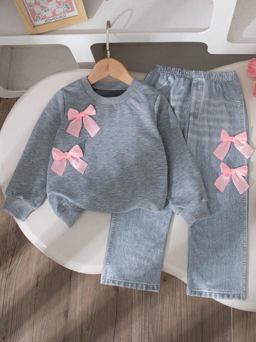 2pcs Girls Casual Outfit, Solid Color Bow Decor Long Sleeve Top And Pants Set, Regular Fit, Spring/Autumn - Light Grey - View 1