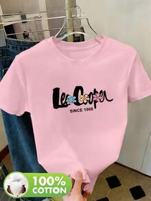 Women's 100% Cotton T-Shirt, Round Neck, Casual Summer Style, Letter And Animal Print, Breathable, For Spring/Summer/Autumn, Machine Washable, Suitable For Casual Sportswear, Short Sleeve T-Shirt For Women, Round Neck Top For Women, Women's Night Out T-Shirts - 白色 - 查看 8