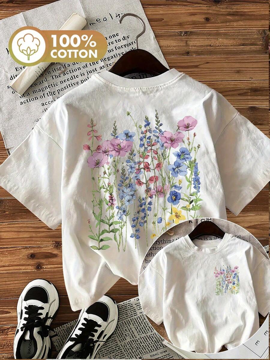 Camiseta de edición limitada con estampado gráfico, manga corta, cuello redondo, top casual para verano y primavera, ropa de mujer, algodón ligero. - Blanco - Ver 1