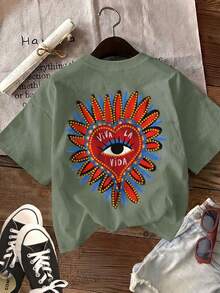 Edición Limitada [Impresión a Doble Cara] Camiseta Casual de Verano para Mujer, Estilo Bohemio con Estampado de Corazones, Ojos y Pétalos, Cuello Redondo, Manga Corta, Algodón Ligero - Verde - Ver 2