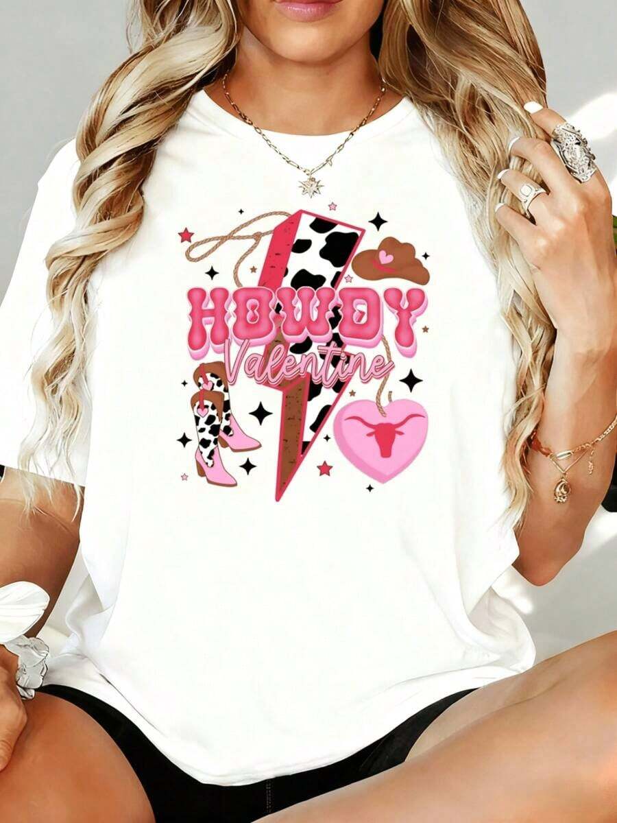 Women's "Howdy Valentine" Graphic Tee, Western Cowboy Style With Heart And Lightning Bolt, Cute Valentine's Day Tee, Pink And Black Print, 180g Oversized Tee, For Home, Outdoor Leisure, Valentine's Day Party Gift - 白色 - 查看 1