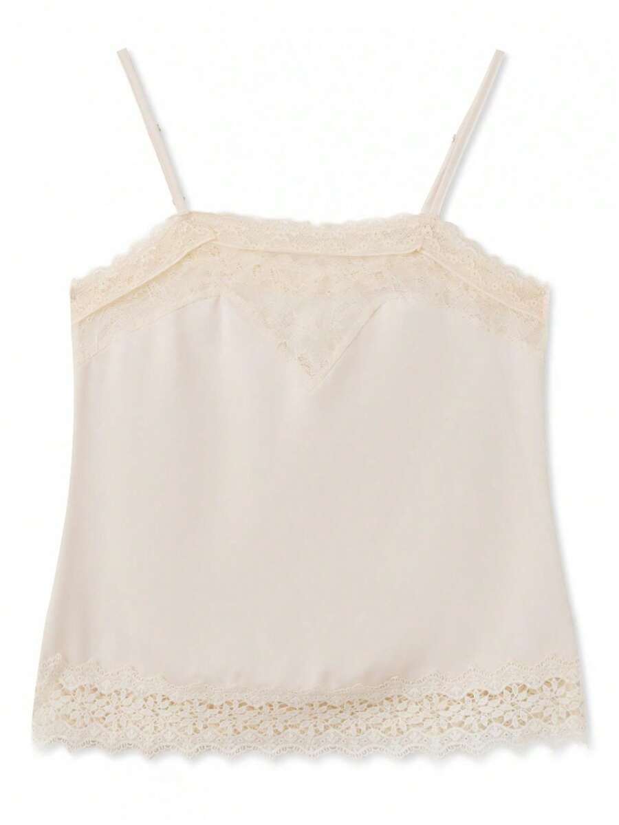 Top Camisole para Mujer con Encaje, Tirantes Finos, Cuello en V, Regular, Satinado y Delgado para Oficina y Uso Diario de Verano - Champán - Ver 1