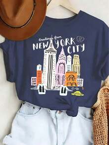 Women's T-Shirt, 100% Cotton, Loose Fit, Y2K Print, Crew Neck - Women's New York City Skyline Graphic T-Shirt - Casual Short Sleeve Top With Statue Of Liberty And Brooklyn Bridge Design, Fall New York City Text, Machine Washable, Summer And Spring T-Shirt, New York T-Shirt, Urban Style, Fun Design, Breathable Material, Printed T-Shirt, For Enthusiasts - Summer Festival Fashion, 180g Adult T-Shirt - 藏蓝色 - 查看 5