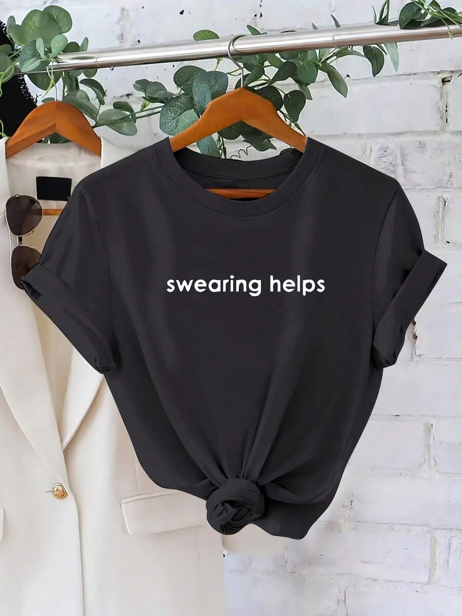 Camiseta de Verano para Mujer de Diseño Simple, Manga Corta, Holgada, con Estampado Moderno, Casual, 180g, Elegante y Práctica para el Verano. - Negro - Ver 1