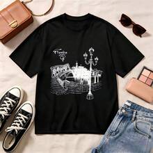 Retro Venice Print, 100% Cotton, Oversized Soft Breathable, Casual Crewneck Short Sleeve Top, Summer Vibes, Travel Lovers, Streetwear Aesthetic - Negro - Ver 1